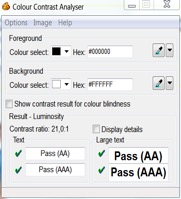 Screenshot der Darstellung des Colour Contrast Analysers